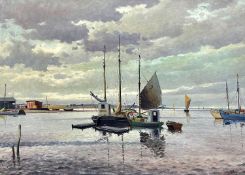 DANISH SCHOOL oil on canvas - moored fishing barges in estuary, indistinctly signed bottom right, 95