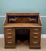 1920s LEBUS OAK ROLL TOP CLERK'S DESK, with tambour rolling front enclosing pigeon holes and