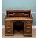 1920s LEBUS OAK ROLL TOP CLERK'S DESK, with tambour rolling front enclosing pigeon holes and