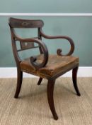 REGENCY MAHOGANY & BRASS INLAID ARMCHAIR, a bowed tablet back applied with brass applique, above
