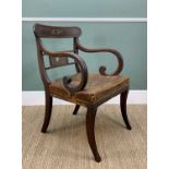 REGENCY MAHOGANY & BRASS INLAID ARMCHAIR, a bowed tablet back applied with brass applique, above