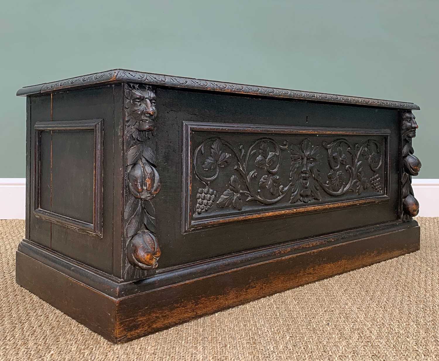 STAINED OAK BOX SETTLE, carved in the Renaissance revival style with Griffin and mask panelled back, - Image 9 of 13