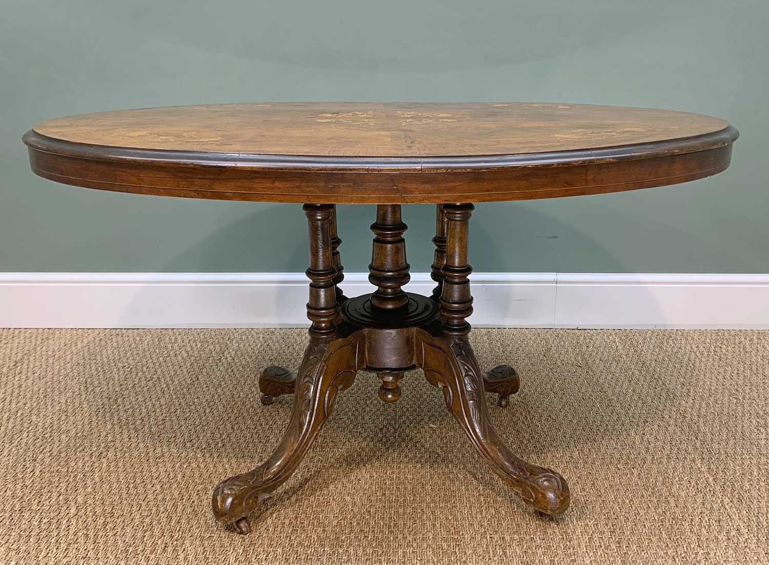 VICTORIAN WALNUT MARQUETRY LOO TABLE, floral inlaid tilt-action top on cluster column support raised - Image 2 of 4