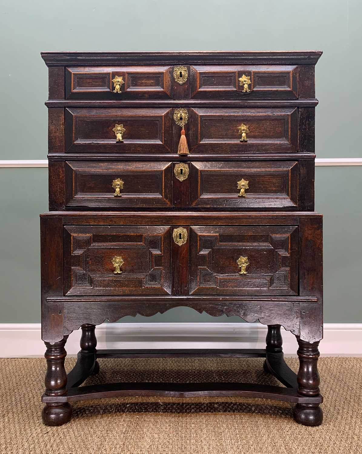 17TH CENTURY OAK GEOMETRIC FRONTED TWO PART CHEST ON STAND, fitted three graduated long drawers on a - Image 3 of 18