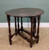 EARLY 18TH CENTURY OAK GATE-LEG TABLE, drop-flap oval top on slender baluster turned legs, base