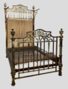 GOOD VICTORIAN GILT BRASS HALF TESTER BED, with mother of pearl detailing to the foliate head and