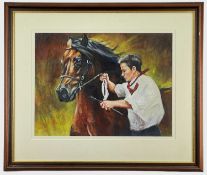 DEBBIE DUNBAR (Welsh, Contemporary) oil on board - trainer and horse, entitled verso 'Running',