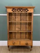 MODERN STAINED PINE WALL ETAGERE, pierced frieze, 2 base drawers, 120 x 65cm