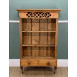 MODERN STAINED PINE WALL ETAGERE, pierced frieze, 2 base drawers, 120 x 65cm