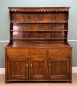 GEORGE III NORTH WALES OAK HIGH DRESSER, boarded delft rack with guilloche carved frieze and three