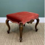 VICTORIAN WALNUT DRESSING STOOL, with pink velour stuffover seat, foliate carved seat rail, cabriole