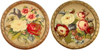 PAIR VICTORIAN BEADED WOOLWORK PANELS, decorated in relief with full blown roses and other flowers