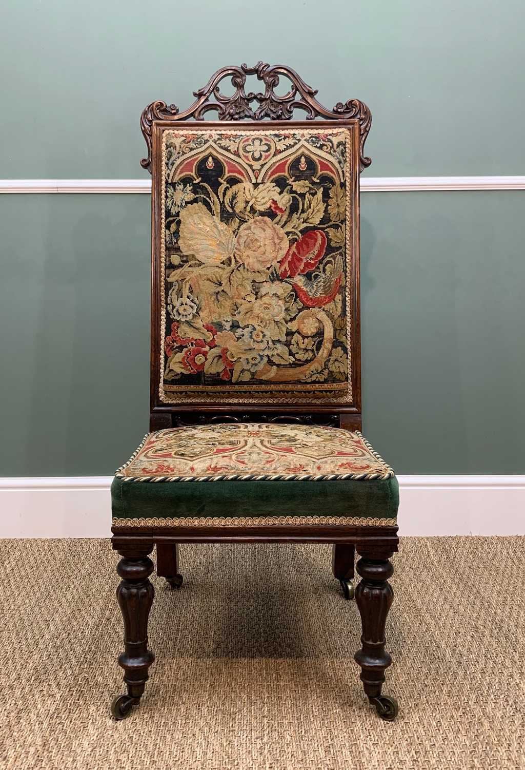 VICTORIAN ROSEWOOD & NEEDLEPOINT-UPHOLSTERED SIDE CHAIR, foliate carved cresting rail, padded back