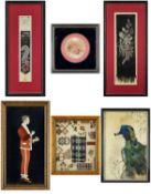SIX ASSORTED FRAMED FOLK ART TEXTILES, comprising a Thomas Stephens 'Forget-me-not', silk book