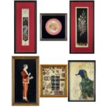 SIX ASSORTED FRAMED FOLK ART TEXTILES, comprising a Thomas Stephens 'Forget-me-not', silk book