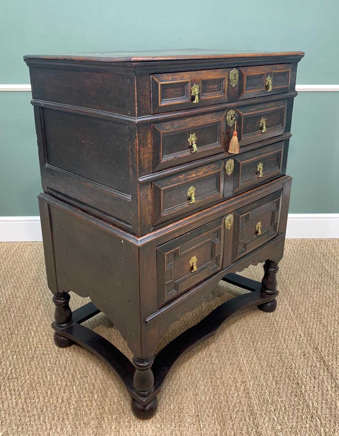 17TH CENTURY OAK GEOMETRIC FRONTED TWO PART CHEST ON STAND, fitted three graduated long drawers on a - Image 7 of 18