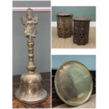 TWO MIDDLE EASTERN OCCASIONAL TABLES, INDIAN BRASS TRAY & BELL, octagonal tables with bone and