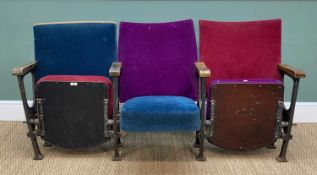 VINTAGE MATCHED GROUP OF THREE THEATRE SEATS, with folding sprung seat cushions, re-upholstered in