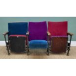 VINTAGE MATCHED GROUP OF THREE THEATRE SEATS, with folding sprung seat cushions, re-upholstered in