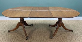 REGENCY-STYLE MAHOGANY TWIN PEDESTAL DINING TABLE, reeded edge above ring turned columns, above