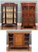 THREE CHINA DISPLAY CABINETS, comprising Edwardian bow-front with leaded glazed door and painted