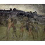 GEORGE CHAPMAN oil on board - figures in motion with South Wales Valley landscape and buildings,