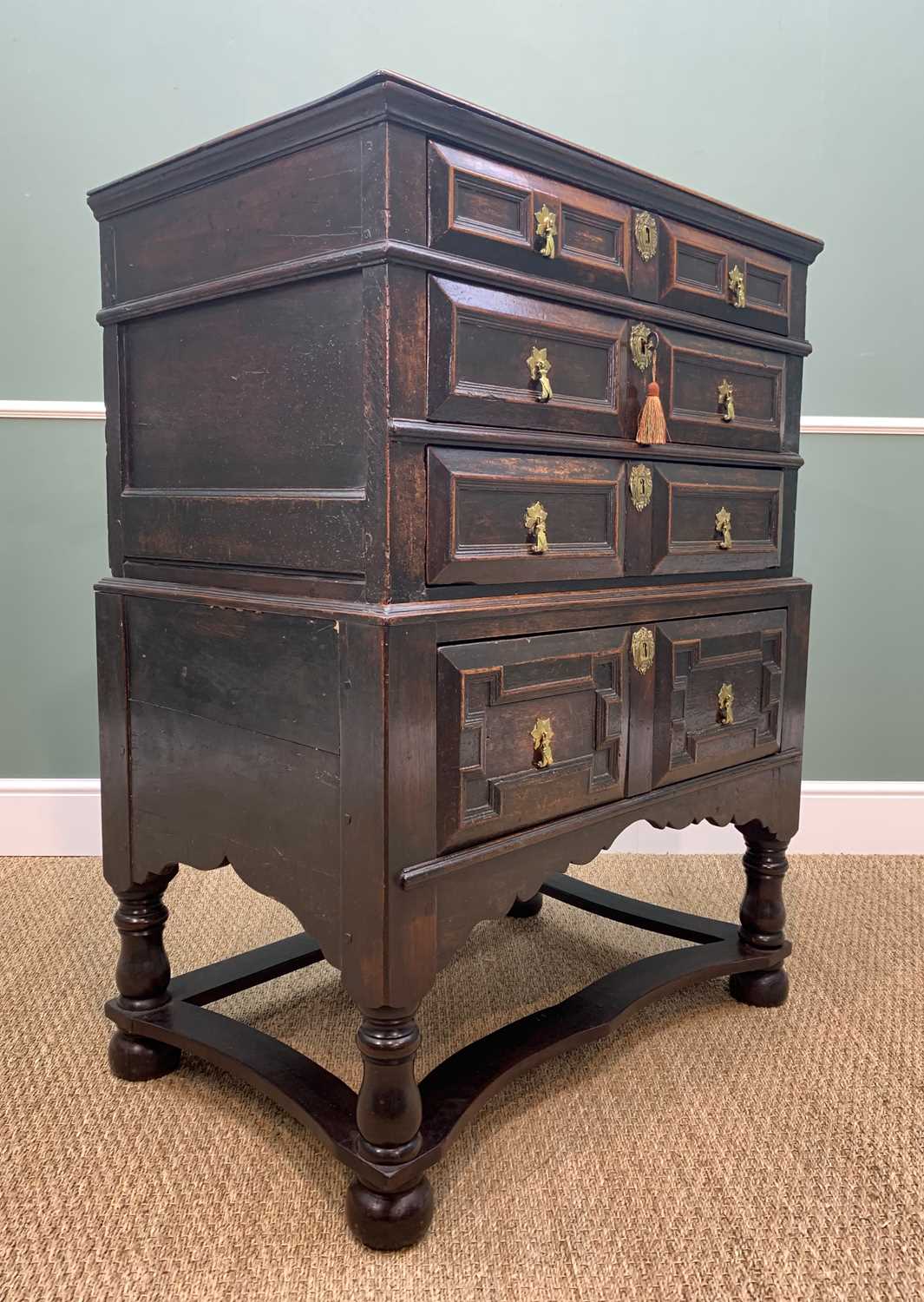 17TH CENTURY OAK GEOMETRIC FRONTED TWO PART CHEST ON STAND, fitted three graduated long drawers on a - Image 8 of 18