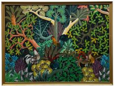 ‡ JACQUES GESLIN (Haitian, b. 1954) acrylic on canvas - jungle fowl in a tropical forest,