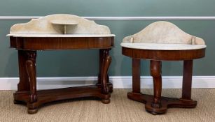 TWO MID-VICTORIAN WALNUT DUCHESS WASHSTANDS, with white marble tops, largest 122cm wide (2)