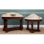 TWO MID-VICTORIAN WALNUT DUCHESS WASHSTANDS, with white marble tops, largest 122cm wide (2)