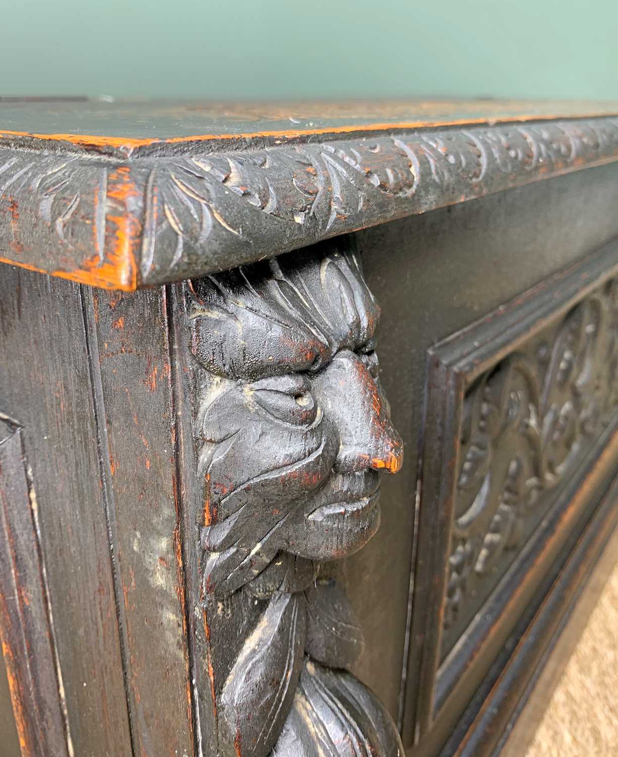 STAINED OAK BOX SETTLE, carved in the Renaissance revival style with Griffin and mask panelled back, - Image 11 of 13