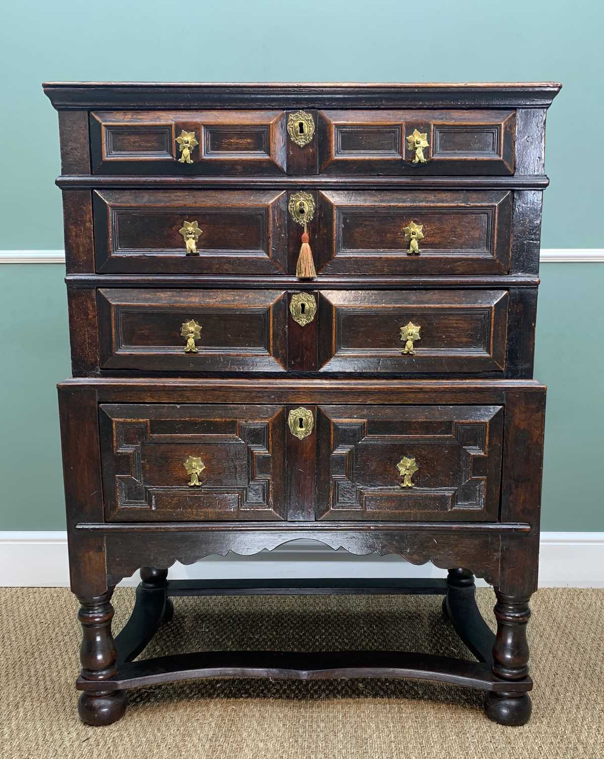 17TH CENTURY OAK GEOMETRIC FRONTED TWO PART CHEST ON STAND, fitted three graduated long drawers on a - Image 2 of 18