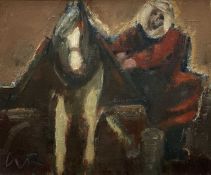 ‡ WILL ROBERTS oil on canvas - figure wearing red with horse or mule, entitled verso 'The Cockle