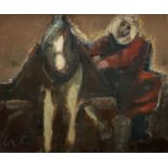 ‡ WILL ROBERTS oil on canvas - figure wearing red with horse or mule, entitled verso 'The Cockle