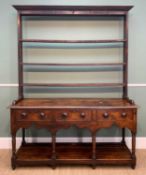 EARLY 19TH CENTURY WELSH OAK HIGH DRESSER, three shelf open rack above a pot board base, fitted