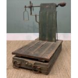 FRENCH POTATO SCALE, by Fayard Freres, painted green wood and wrought iron strapwork with balance