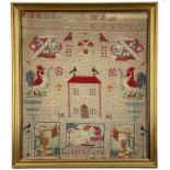 VICTORIAN WOOLWORK SAMPLER, probably Welsh, by Greta Rees, alphabet above house, cockerel, and