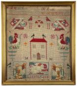VICTORIAN WOOLWORK SAMPLER, probably Welsh, by Greta Rees, alphabet above house, cockerel, and