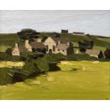 ‡ SIR KYFFIN WILLIAMS RA oil on canvas - landscape with fields and village to the centre,