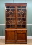 19th CENTURY MAHOGANY BOOKCASE, satinwood inlaid frieze and scrolling astragal glazed doors, above a