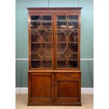 19th CENTURY MAHOGANY BOOKCASE, satinwood inlaid frieze and scrolling astragal glazed doors, above a