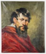 T. DOMBY oil on canvas - 'The Philosopher', head and shoulders portrait of a bearded male in red