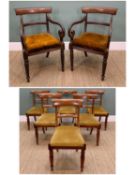 HARLEQUIN SET OF EARLY VICTORIAN MAHOGANY CHAIRS, comprising pair armchairs with scrolled arms (as