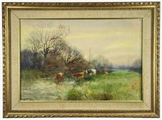 H C FOX (British, 1855-1929) watercolour - cattle watering in the stream, signed and dated 1903,