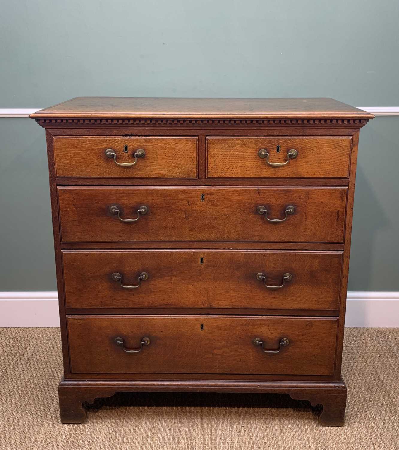 19TH CENTURY OAK FLAT FRONT CHEST, dentil cornice, fitted 2 short and 3 long drawers, bracket