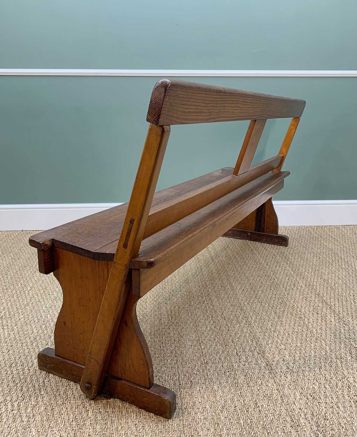 VINTAGE PITCH PINE REVERSIBLE TRAM BENCH, double plank seat on solid trestle end supports and a - Image 3 of 3