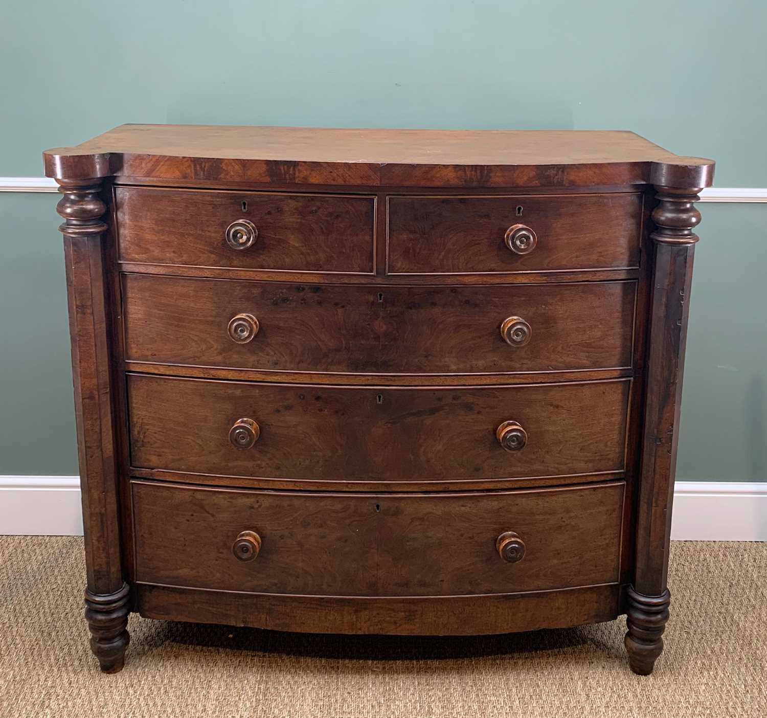 LATE VICTORIAN MAHOGANY BOW-FRONT CHEST, with out-set octagonal section column corners, fitted two - Image 2 of 6