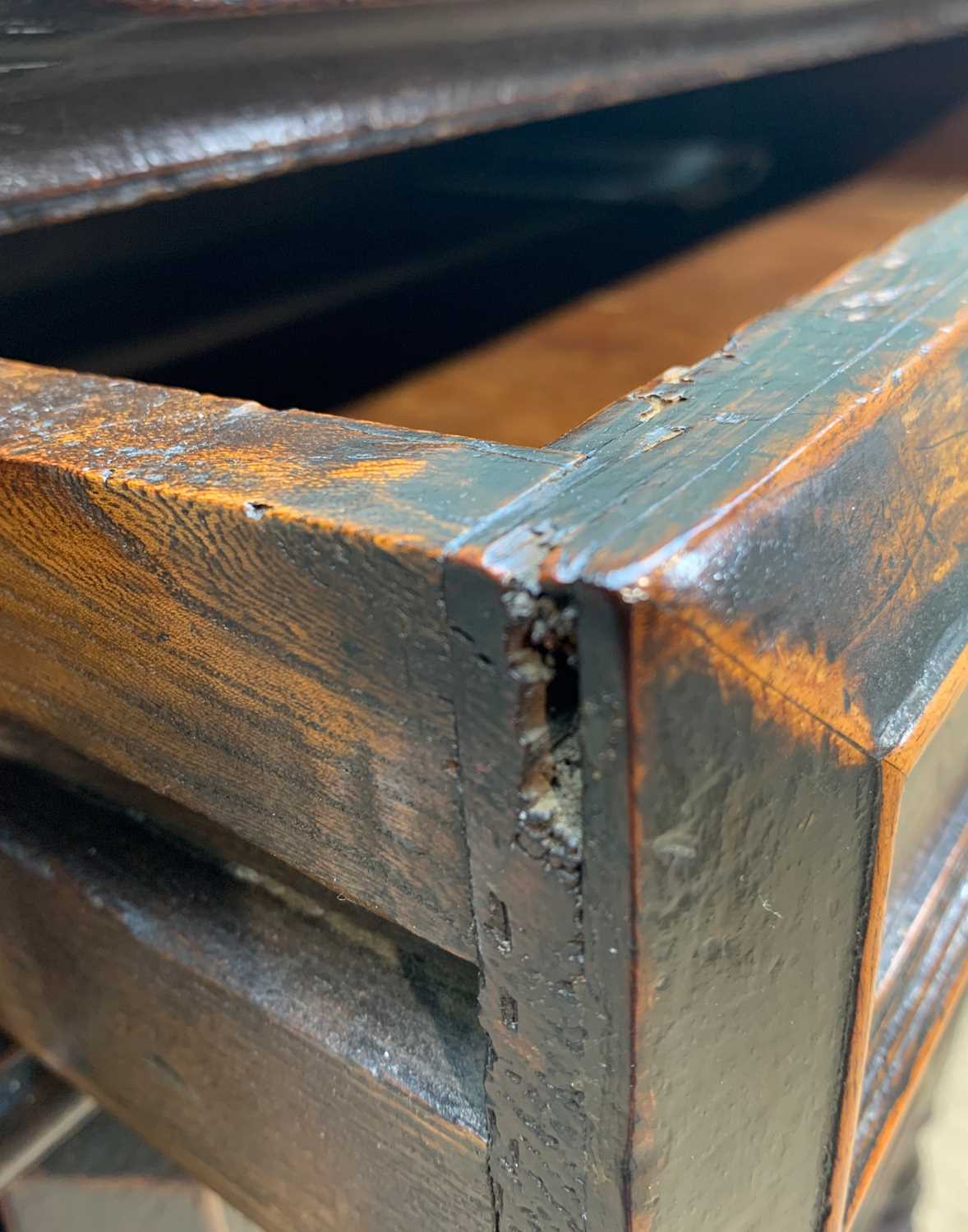 17TH CENTURY OAK GEOMETRIC FRONTED TWO PART CHEST ON STAND, fitted three graduated long drawers on a - Image 13 of 18