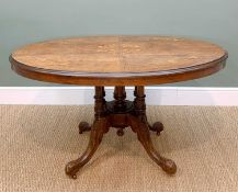 VICTORIAN WALNUT MARQUETRY LOO TABLE, floral inlaid tilt-action top on cluster column support raised