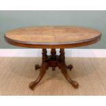 VICTORIAN WALNUT MARQUETRY LOO TABLE, floral inlaid tilt-action top on cluster column support raised